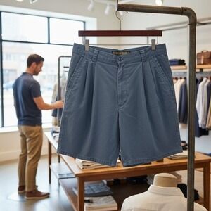 Vintage Bugle Boy Chino Shorts Men's 32 Blue Pleated Regular Fit Hiking Outdoor